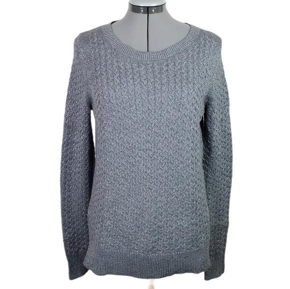 Loft gray knit metallic cross stitch sweater Med - Picture 1 of 9